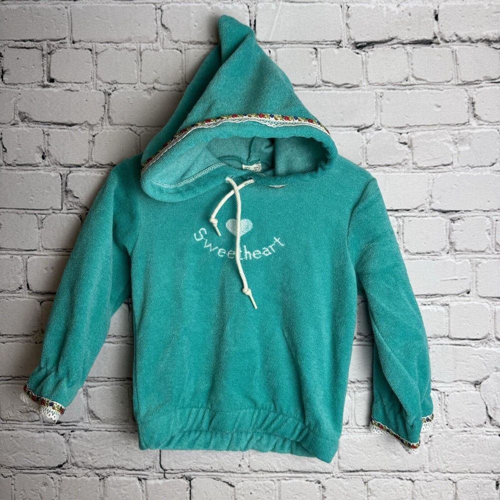 VTG Teddy Bears Girls Sweetheart Sweater Hoodie Lace Floral Trim Teal Sz 24 Mos